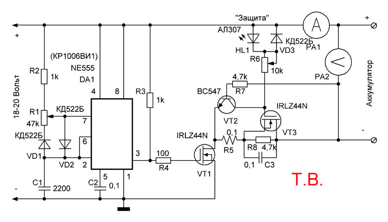 Схема ограничения тока для зарядки аккумулятора